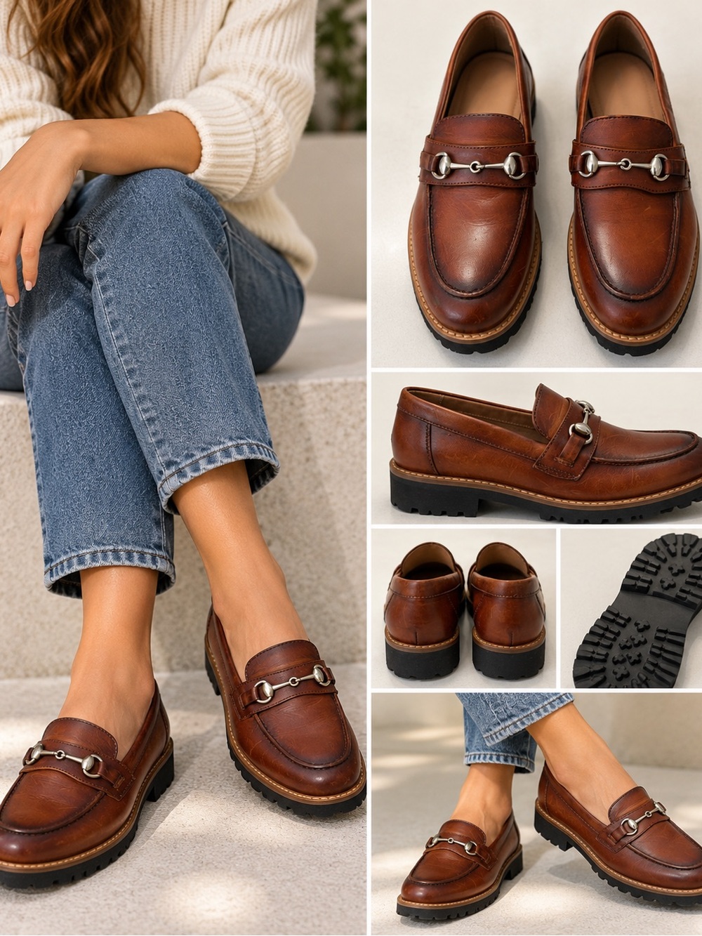 Steve Madden BKOLT Cognac Leather Horsebit Lug Sole Loafers Women's
Size 3D